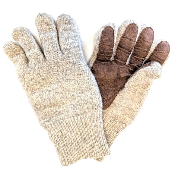 Vtg Wool Blend Winter Gloves Leather Palm Mens Medium Large Tan Brown - Picture 8 of 10